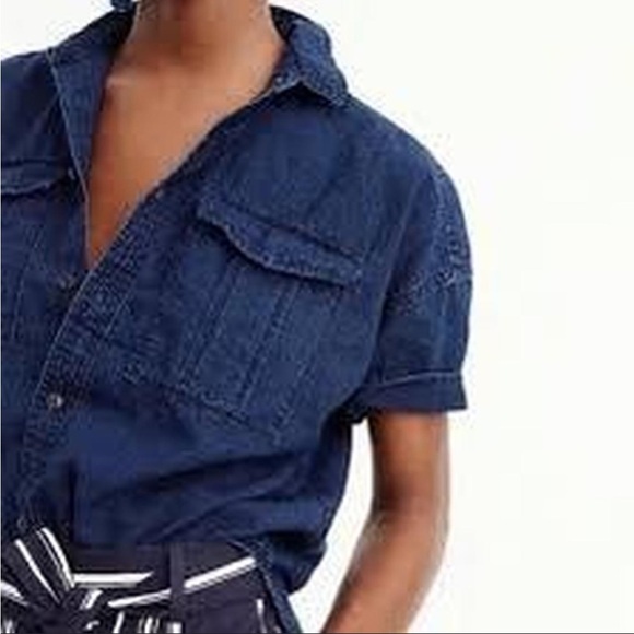 J. Crew Trademark Utility Pocket Denim Chambray Shirt Top Camp Blouse Button Up - Picture 2 of 5